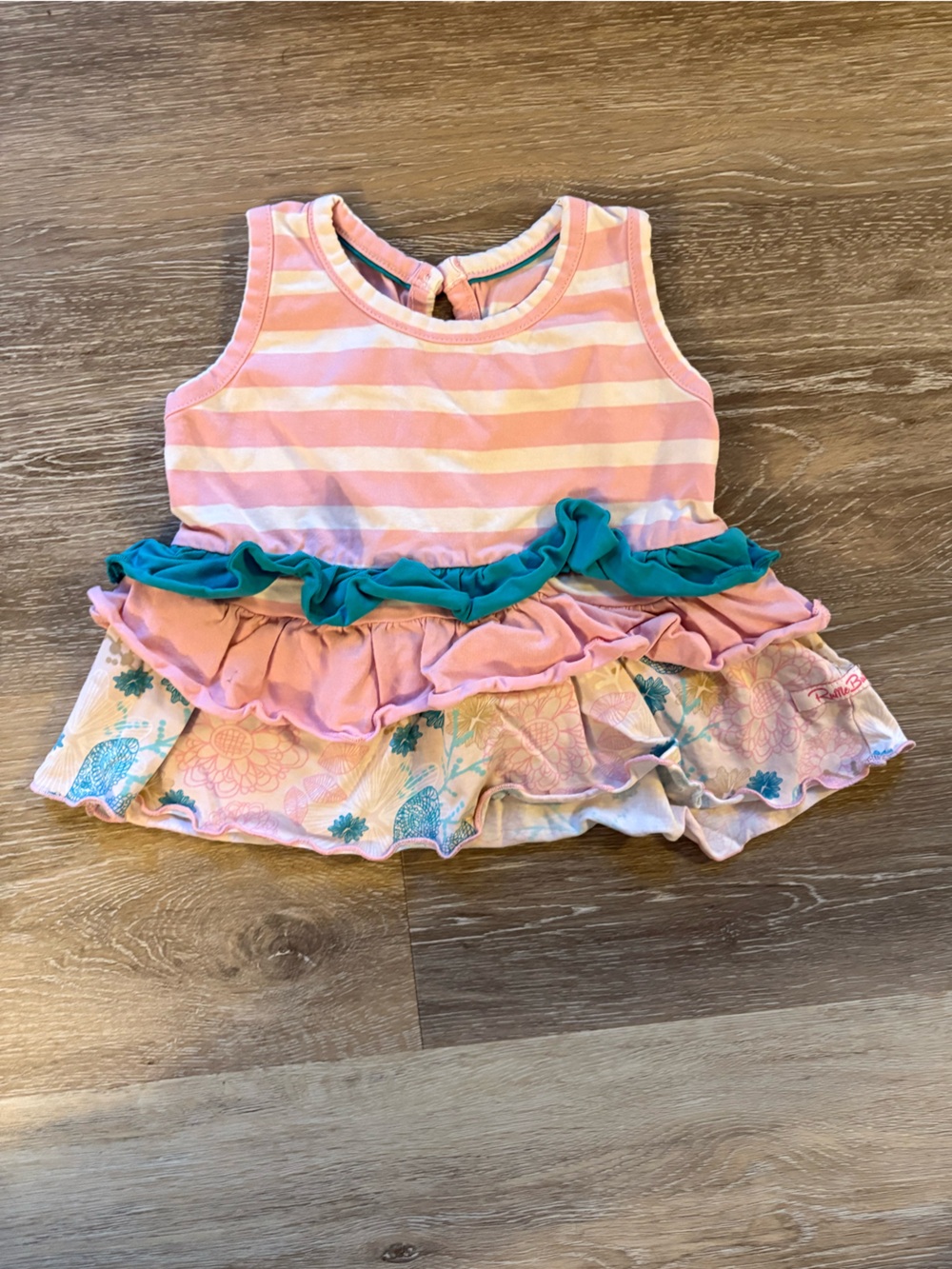 RuffleButts Pink & Teal Striped Ruffle Tank Top